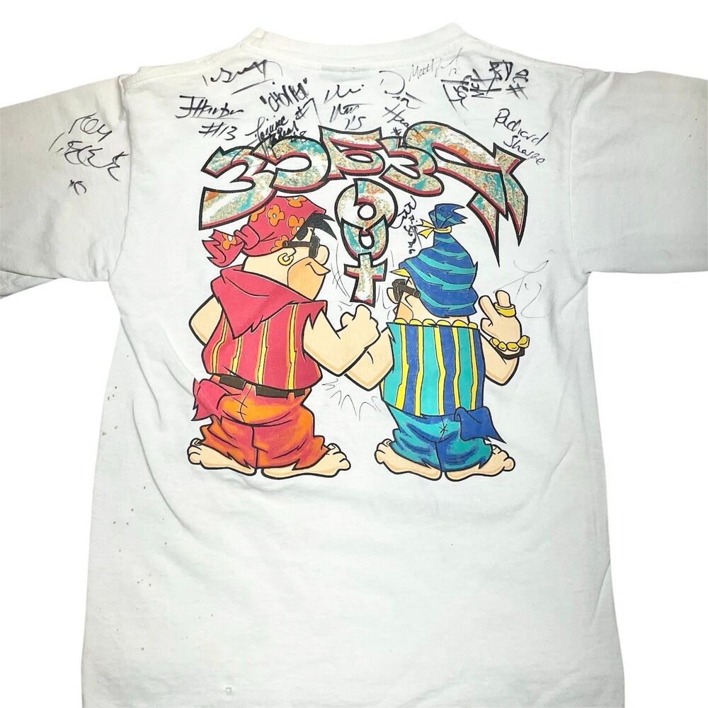 Vintage 90s Flintstones Shirt Fred Barney Peace Out Hip Hop Rap Changes Size L - Picture 7 of 11